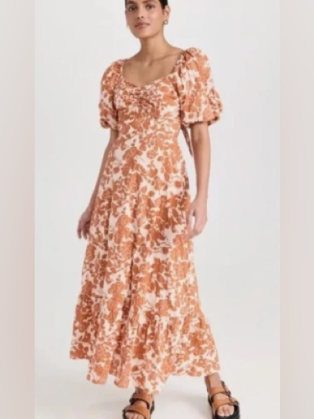 English Factory - Rusty Peach & Cream Floral Puff Sleeve Maxi Dress - Small - NW